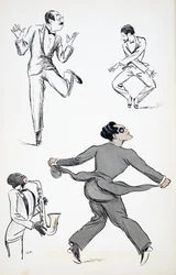 Three gentlemen in Black Tie perform moves from the Charleston to a saxophone, from White Bottoms, pub. 1927